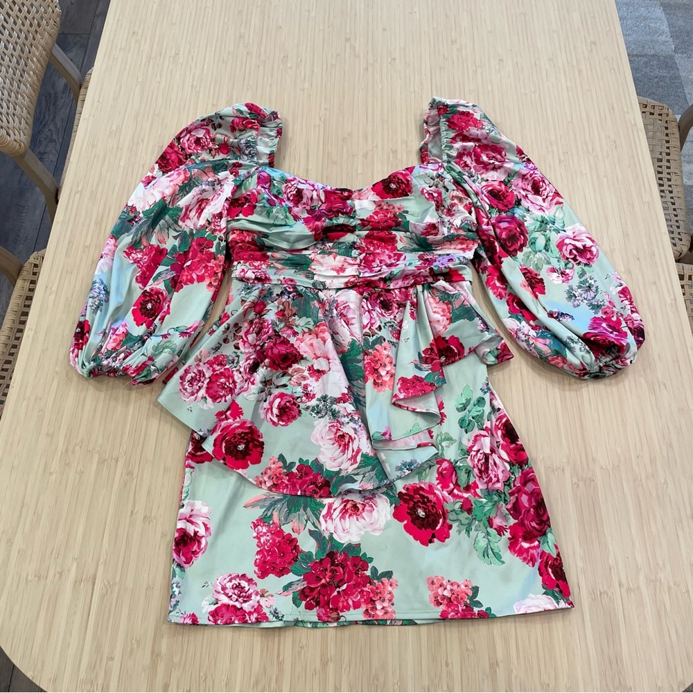 For love and lemons satin green red pink floral mini dress